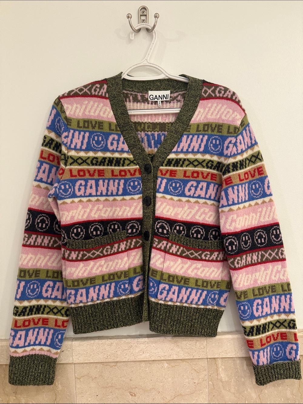 Ganni Multicolor Knit Cardigan with Olive Trim
